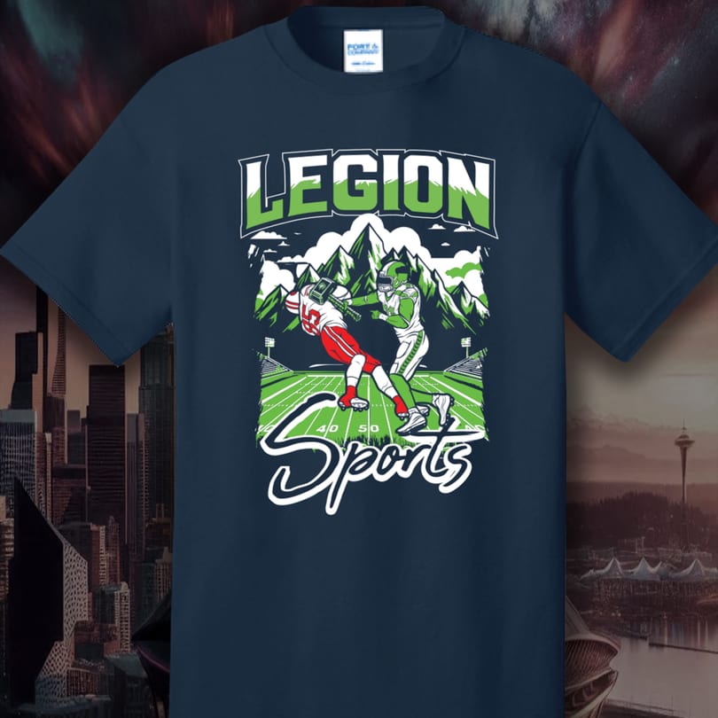 Dark blue Legion Sports Bar t-shirt with a graphic of two football players on a field with mountains.