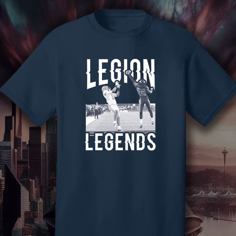 Navy blue t-shirt with "LEGION LEGENDS" text and two football players jumping for a catch.