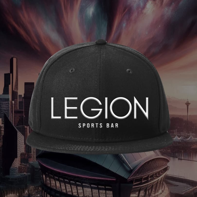 Black Legion Sports Bar hat with a city skyline and colorful sky in the background.